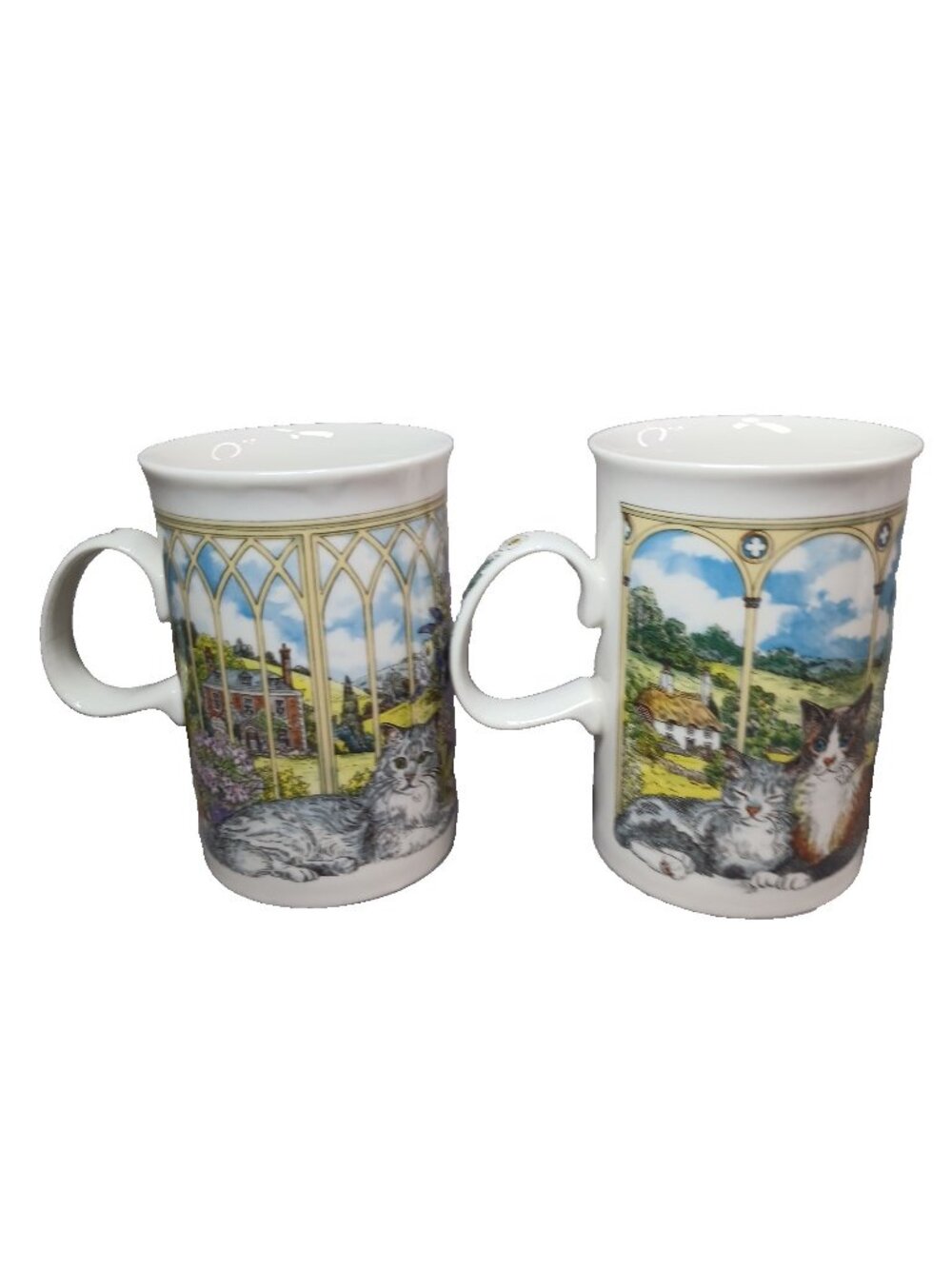 2 Dunoon Window Cats Sue Scullard Tea Cup Scotland Sunflowers Floral Mugs